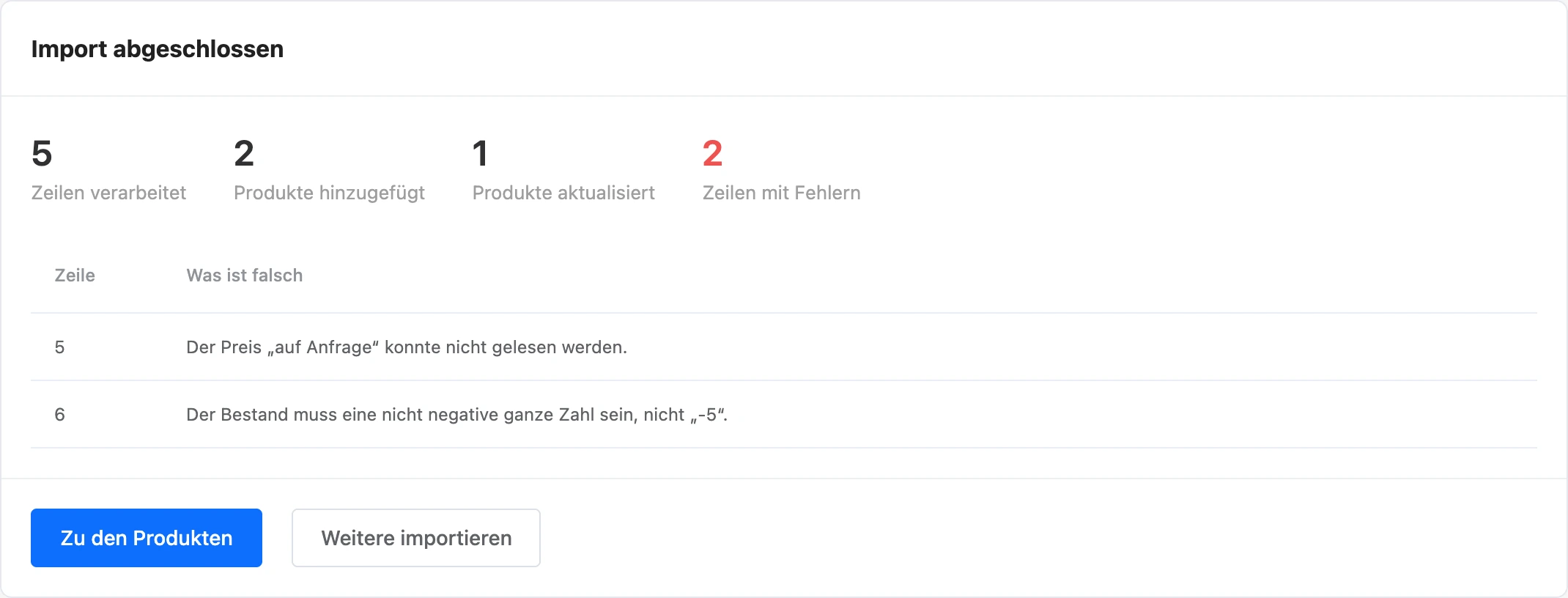 Ergebnis des Imports: Zähler und fehlerhafte Zeilen
