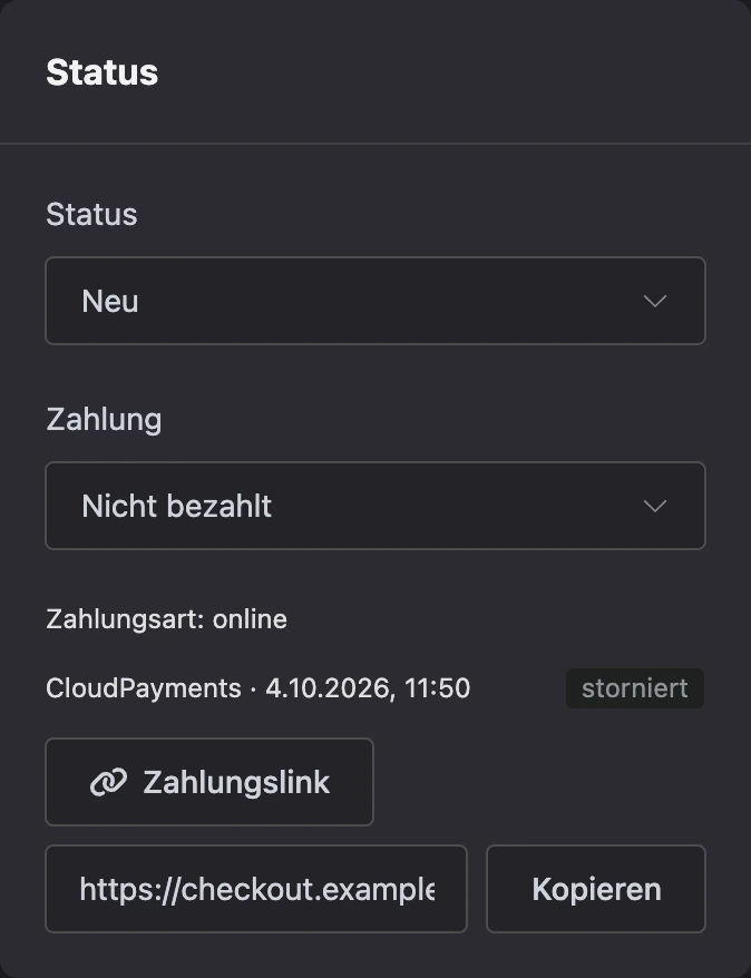 Zahlungslink und Zahlungsversuch in der Bestellkarte