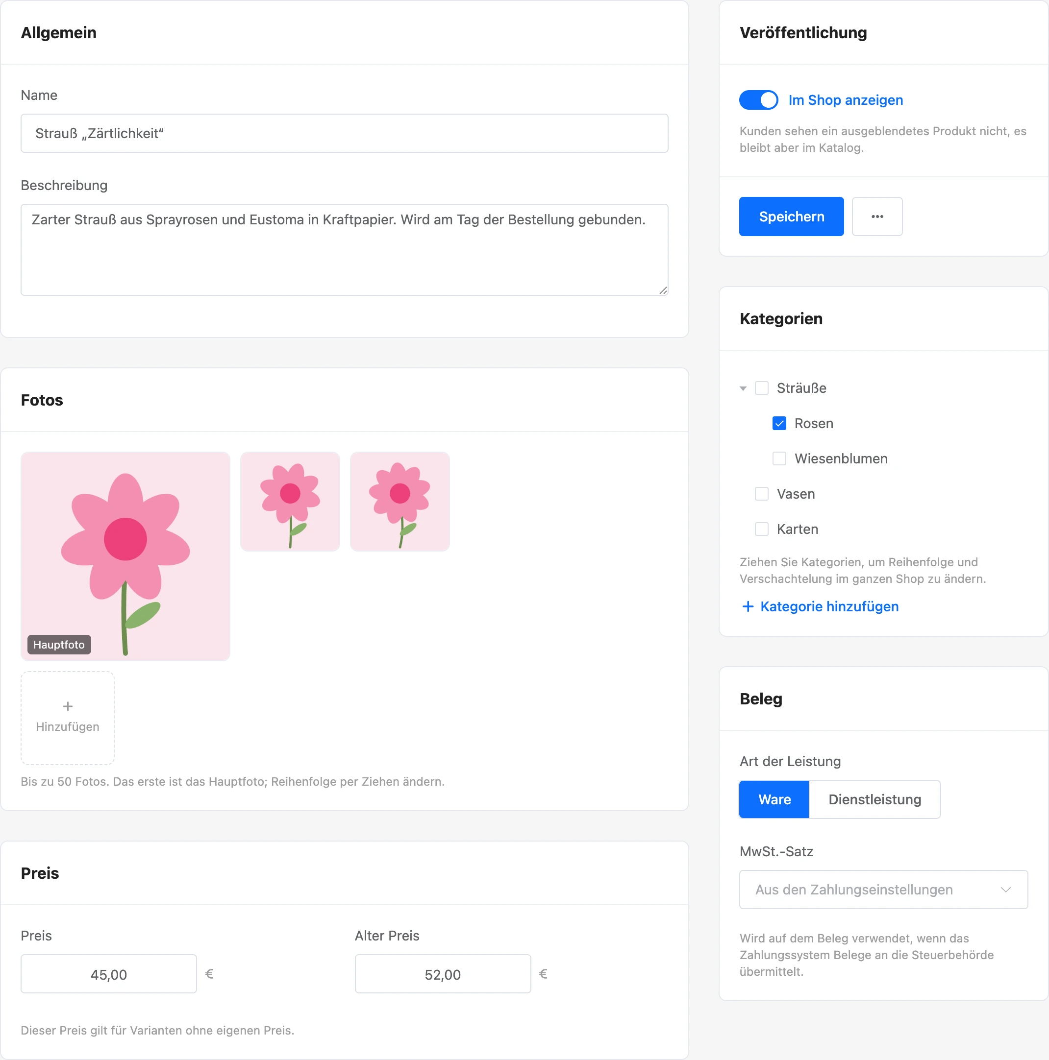 Produktkarte: Allgemeines, Fotos, Preis, Veröffentlichung, Kategorien und Belegfelder