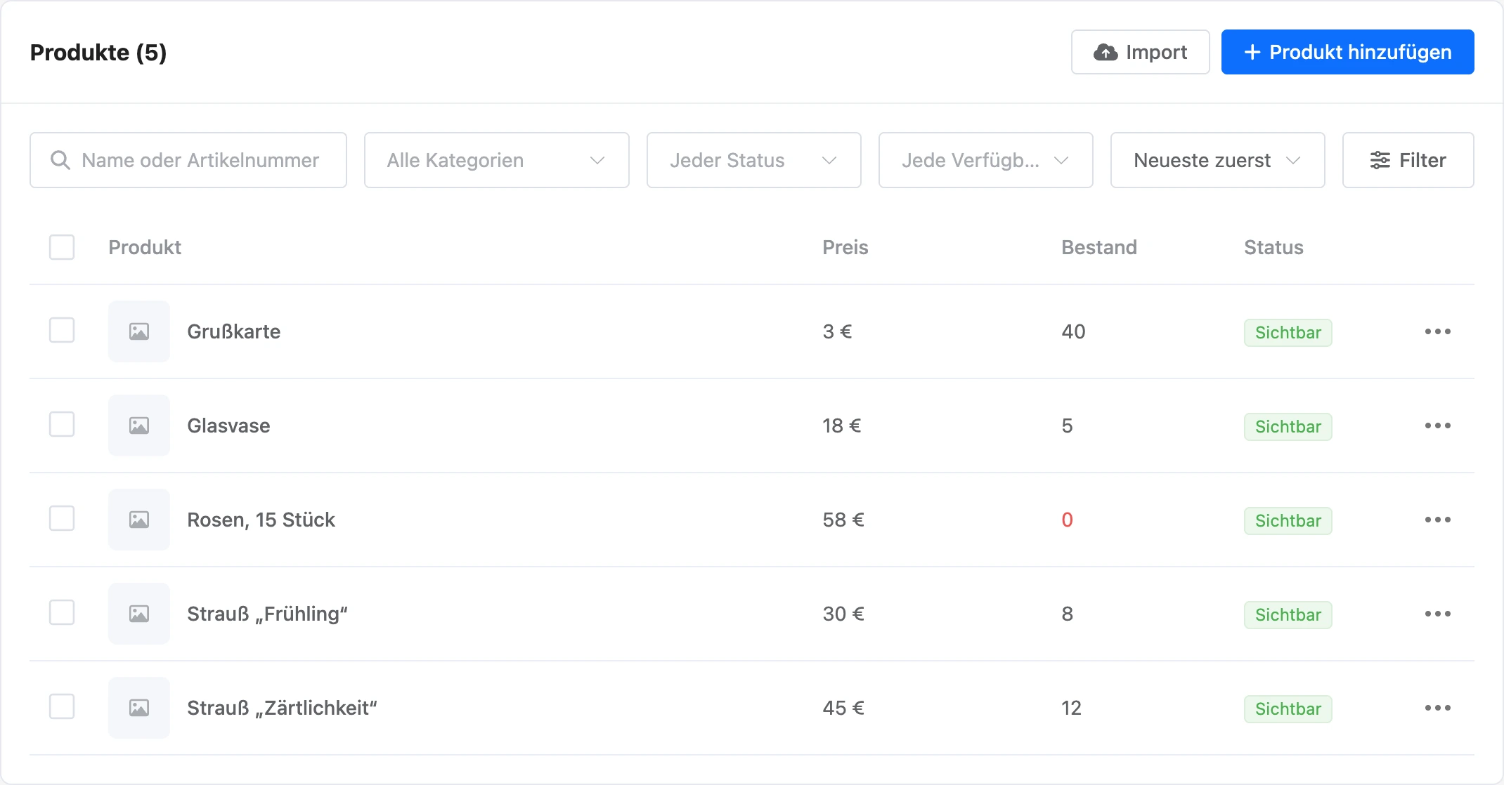 Produktliste des Shops: Preis, Bestand und Status