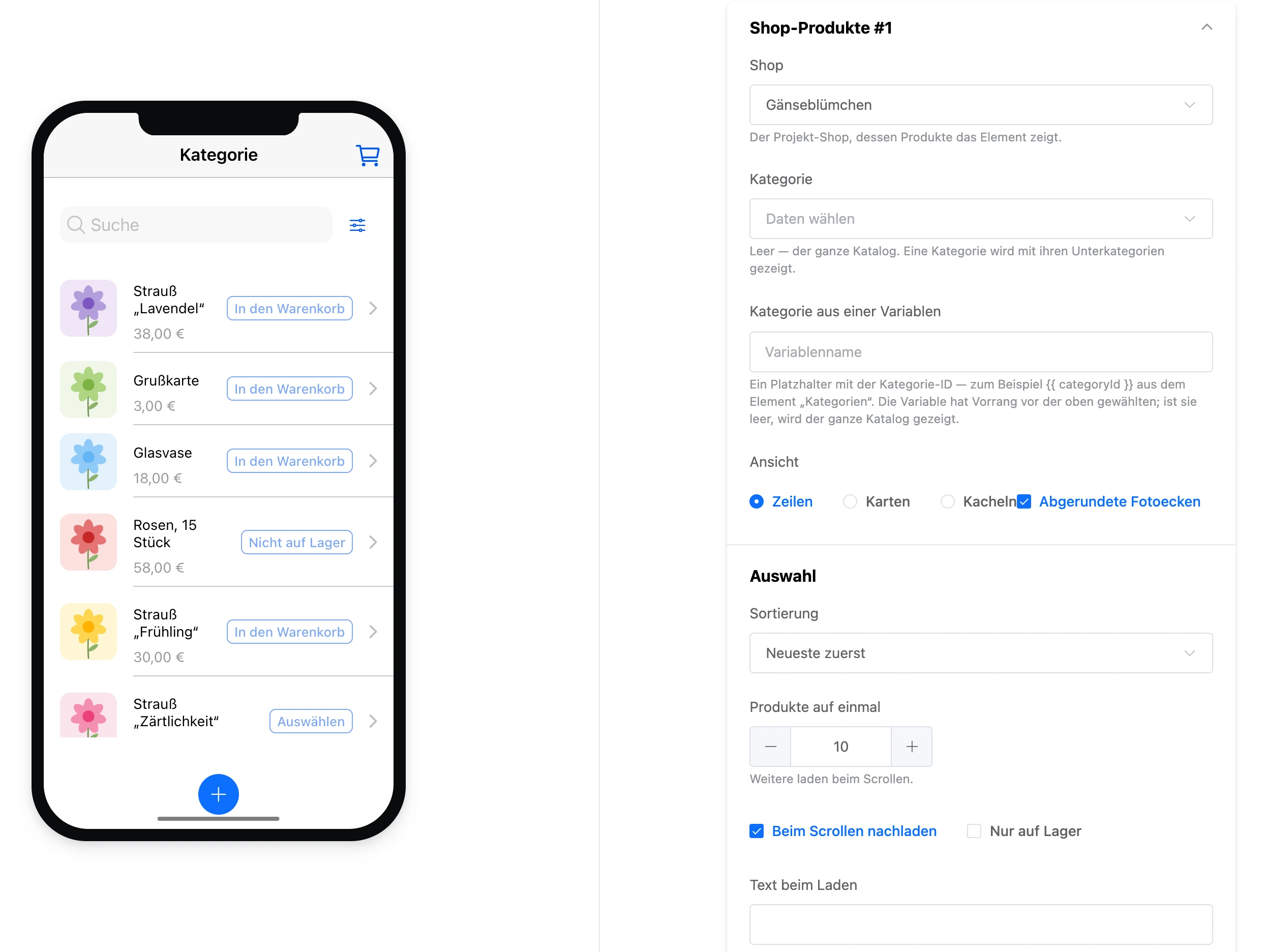 Element „Shop-Produkte“ im Mini-App-Baukasten