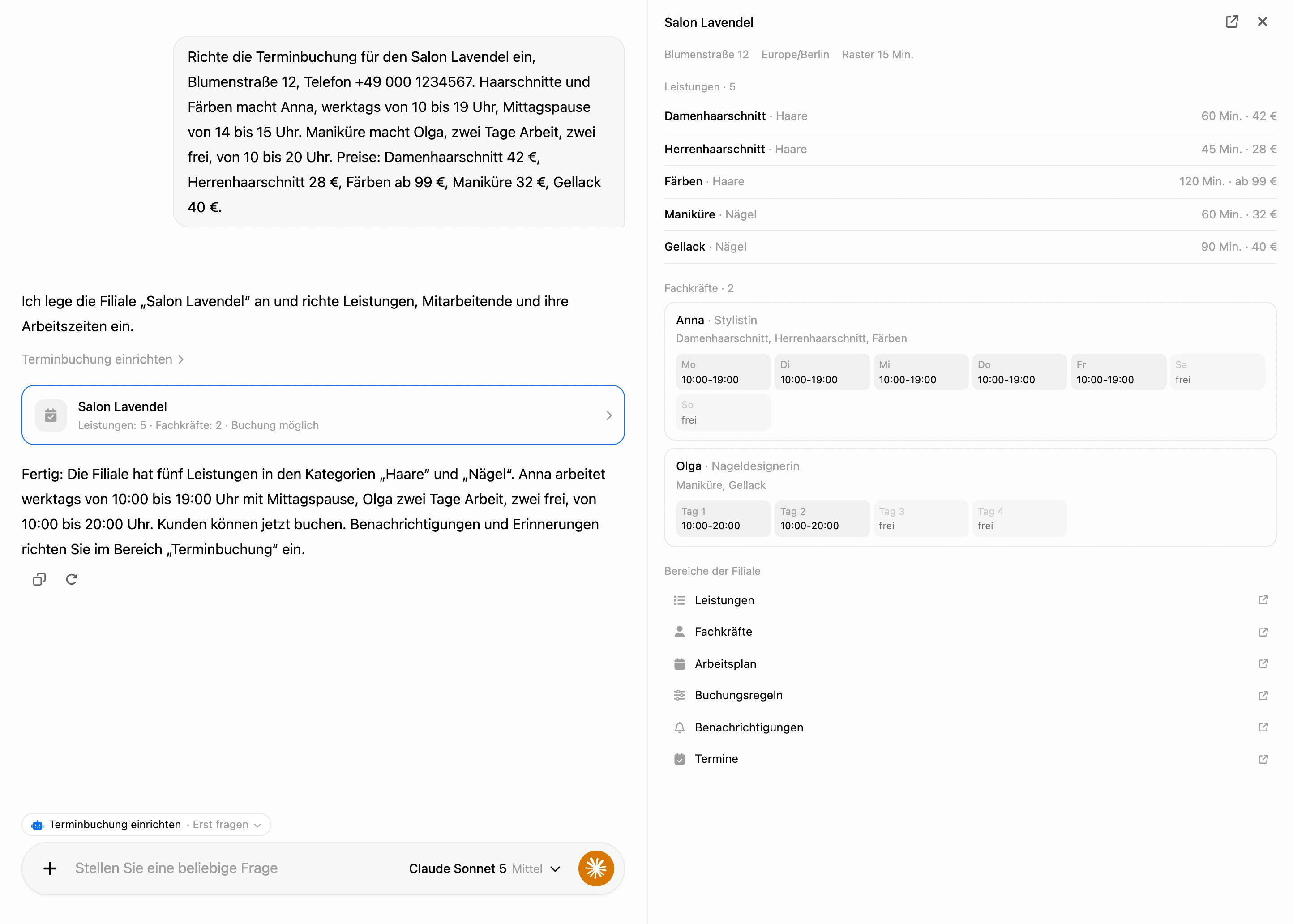 Einrichtung im KI-Chat: die Karte der Filiale im Verlauf und die Übersicht der Filiale rechts