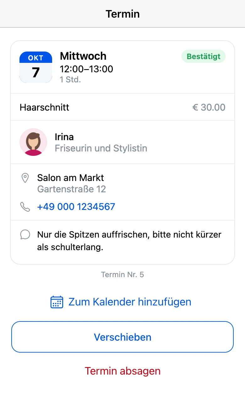 Karte eines bevorstehenden Termins mit dem Button „Zum Kalender hinzufügen“