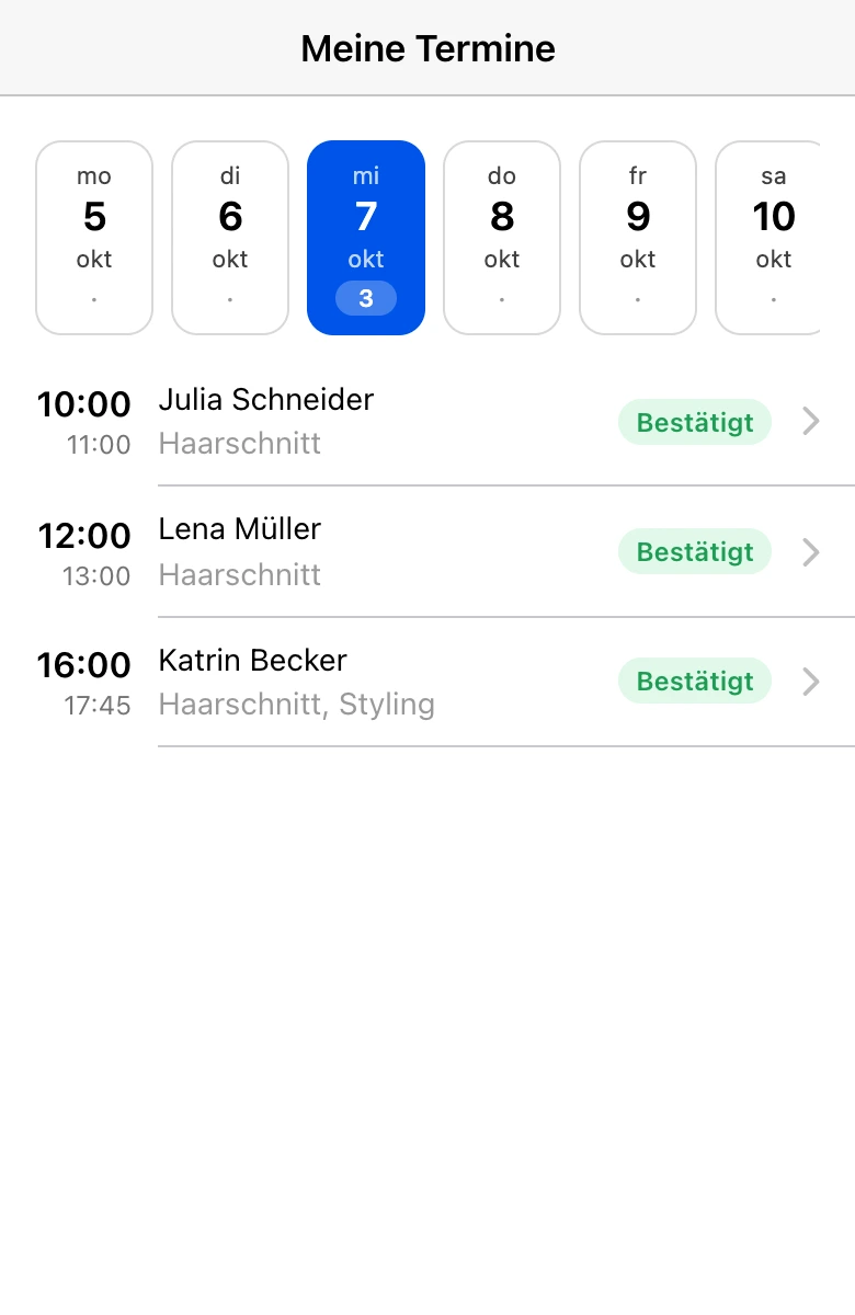 Termine einer Fachkraft für den Tag in der Mini-App