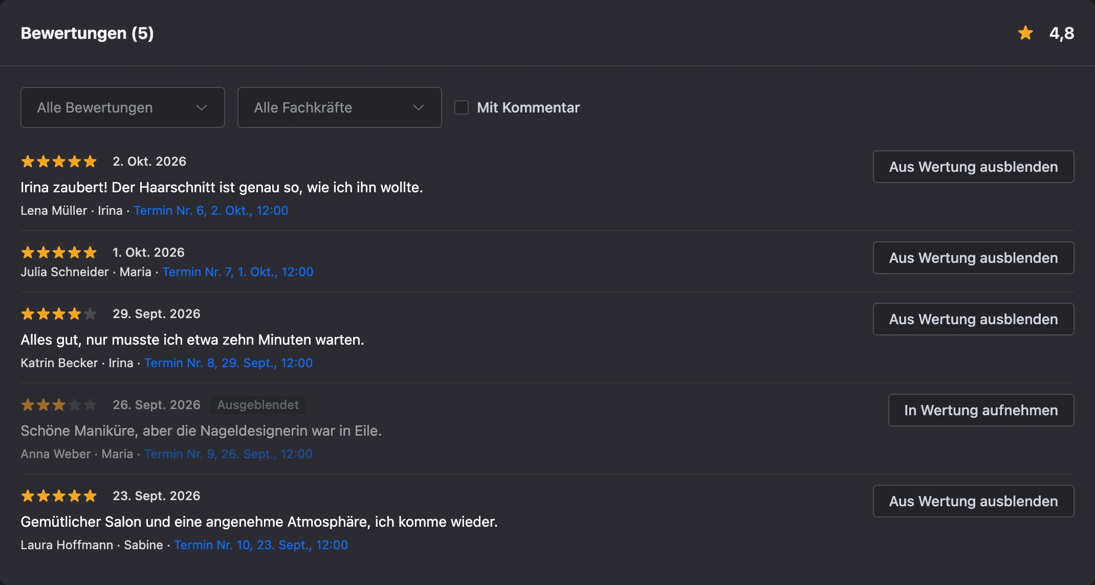 Bereich „Bewertungen“ der Filiale