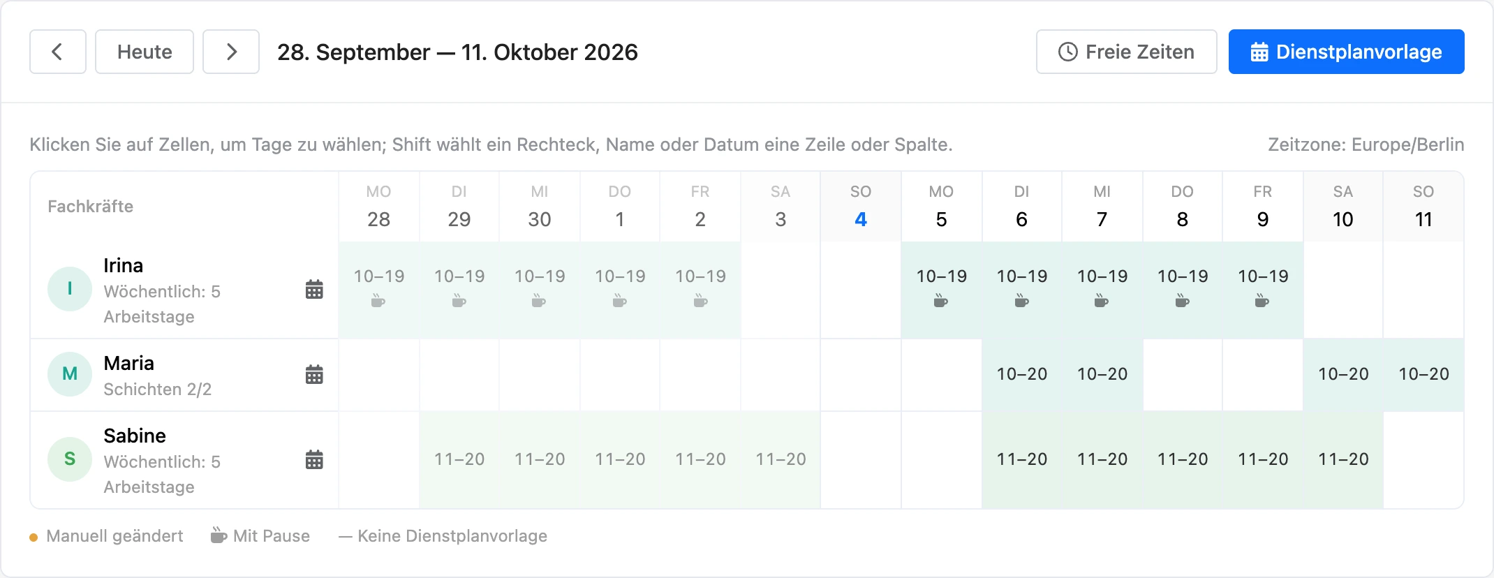 Dienstplantabelle der Mitarbeiter