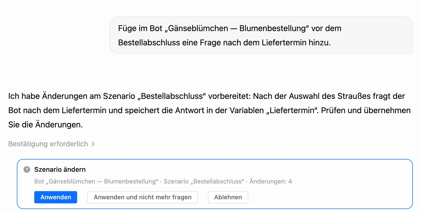 Bestätigungskarte für Änderungen im KI-Chat