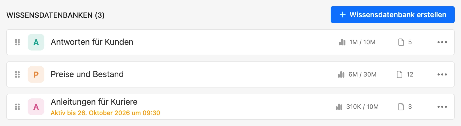 Liste der Wissensdatenbanken im Projekt