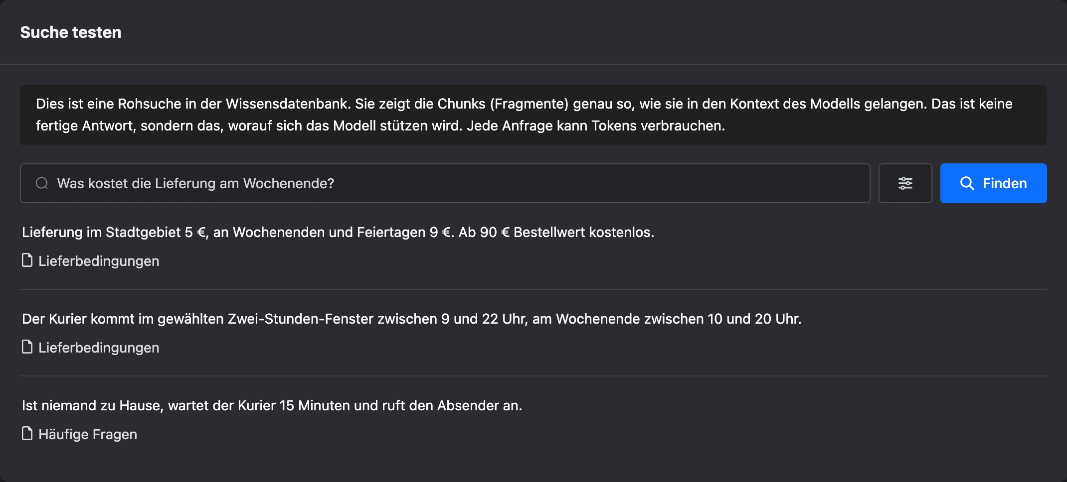 Seite „Suche testen“ mit gefundenen Fragmenten