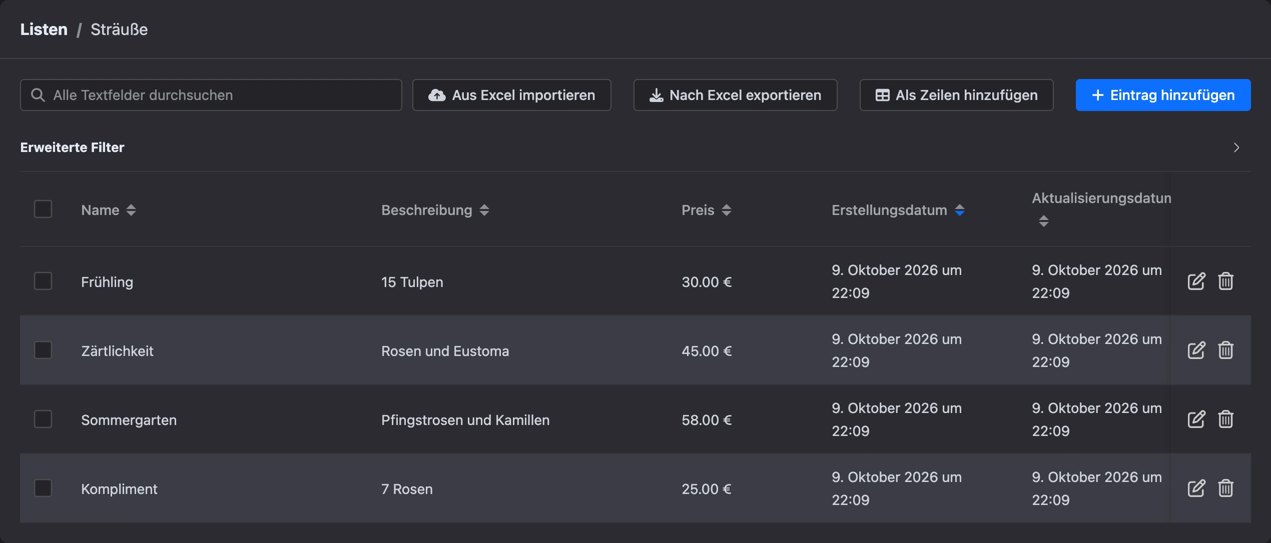 Tabelle der Listeneinträge mit Suche und Schaltflächen für Import, Export und Hinzufügen