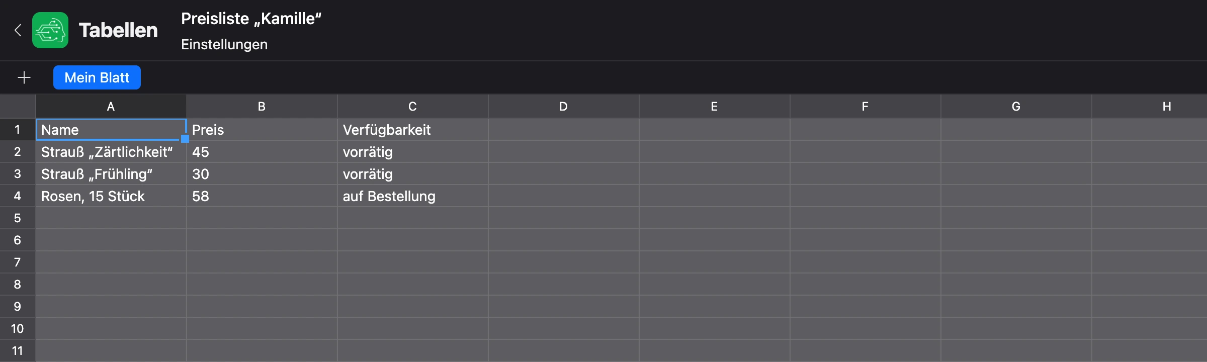 Tabelleneditor: ein Blatt mit einer Preisliste