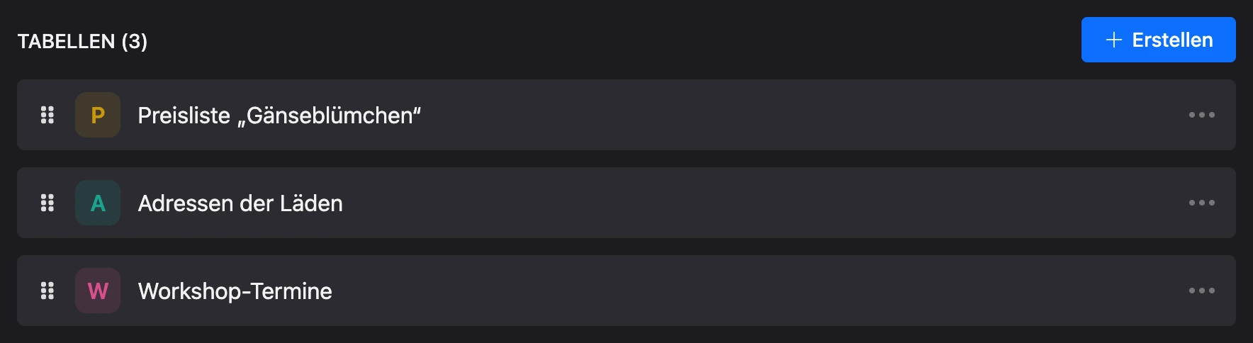 Liste der Tabellen des Projekts