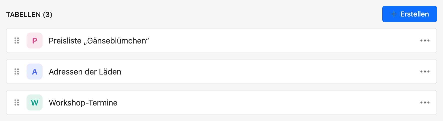 Liste der Tabellen des Projekts