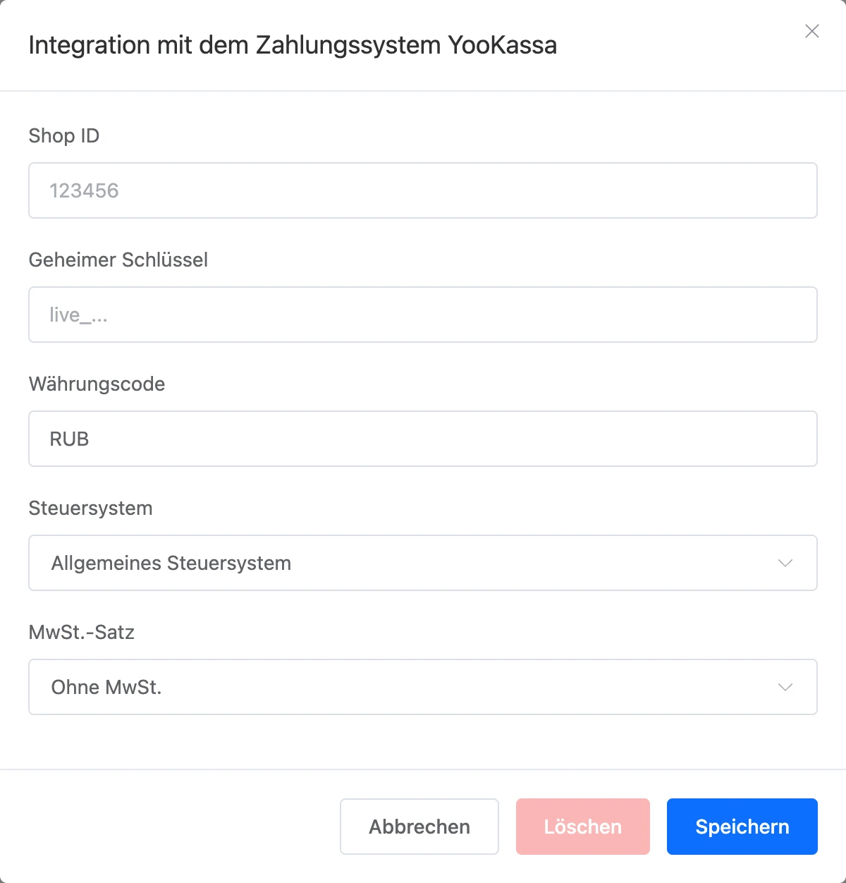 Fenster einer Zahlungsintegration des Bots