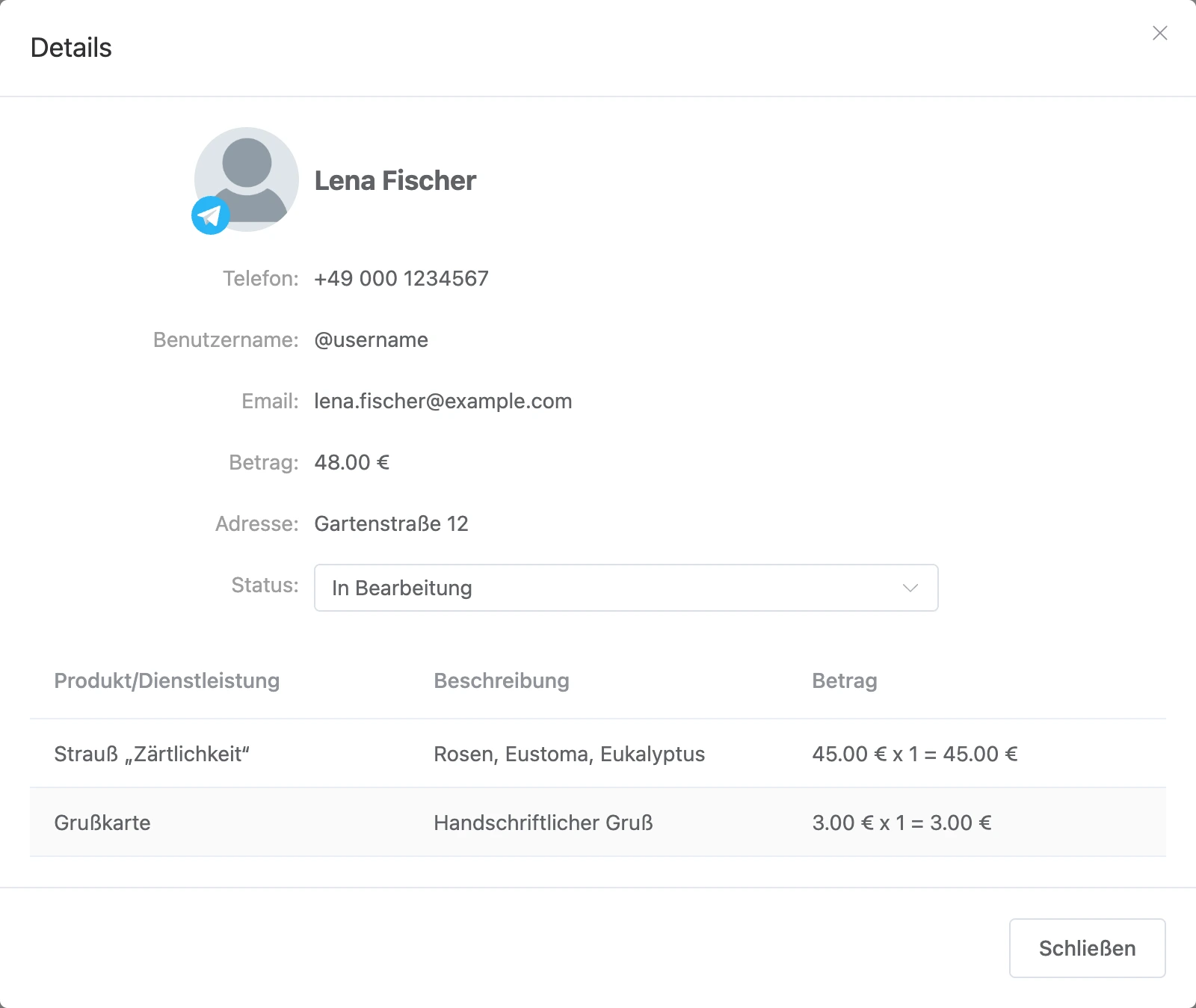 Bestelldialog mit dem Feld „Status“
