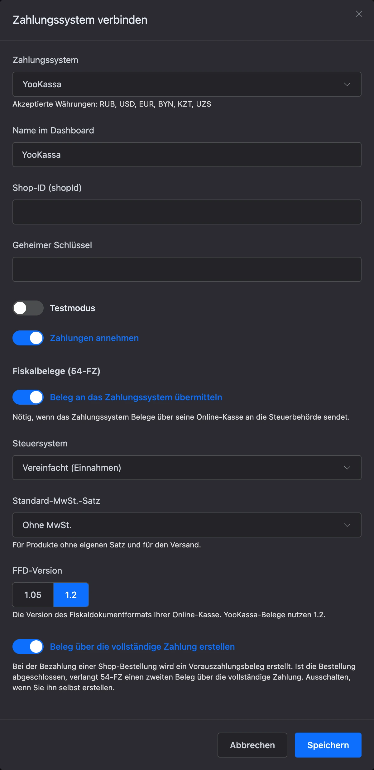 Fenster zum Verbinden eines Zahlungsanbieters mit aktivierten Belegen