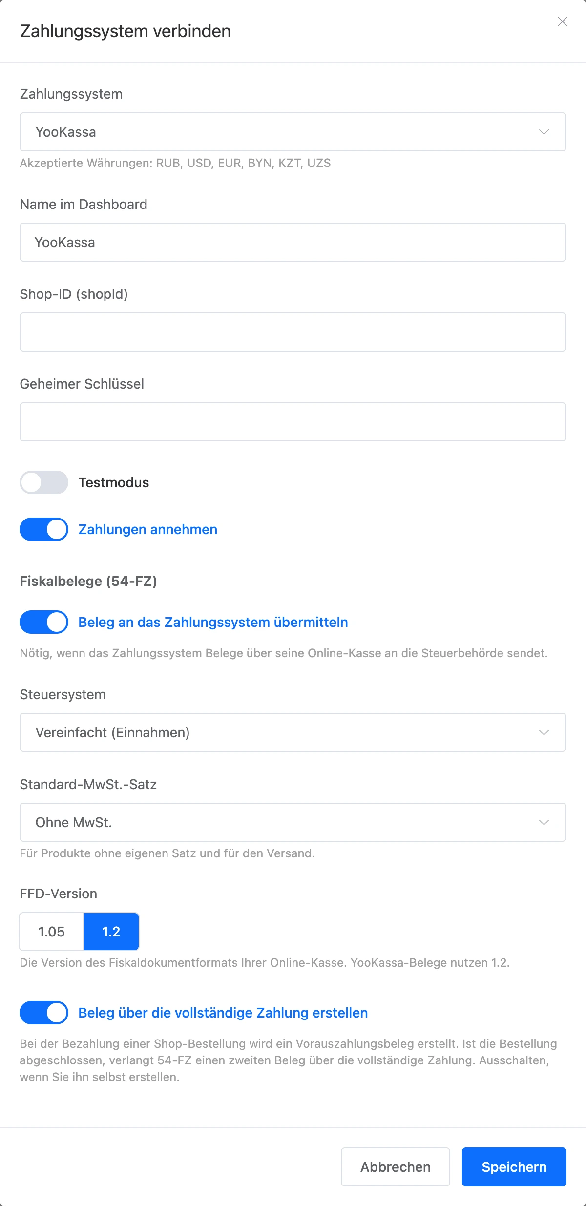Fenster zum Verbinden eines Zahlungsanbieters mit aktivierten Belegen