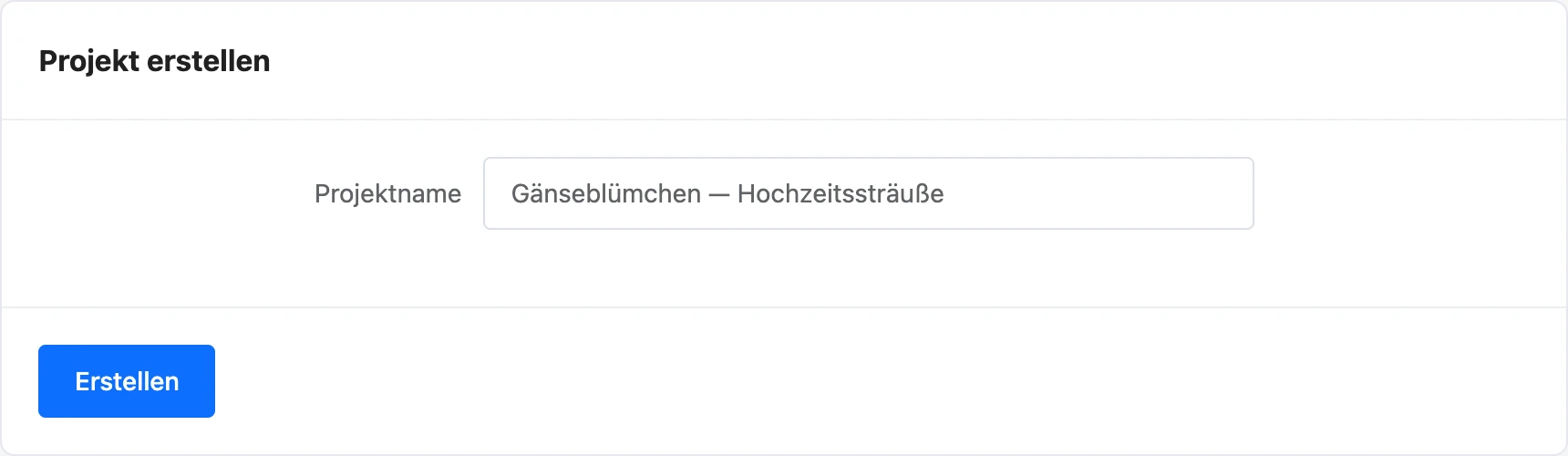 Formular zum Erstellen eines Projekts