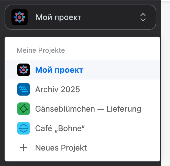 Projektliste im Hauptmenü