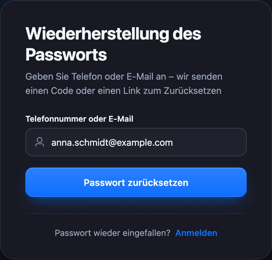 Formular „Passwort wiederherstellen“