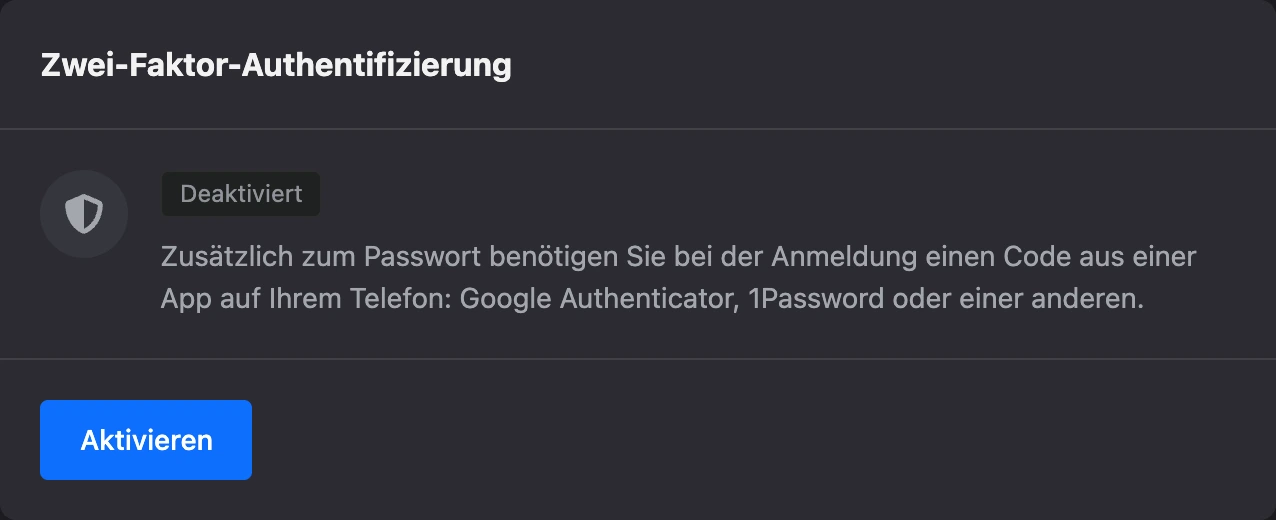 Karte der Zwei-Faktor-Authentifizierung im Profil