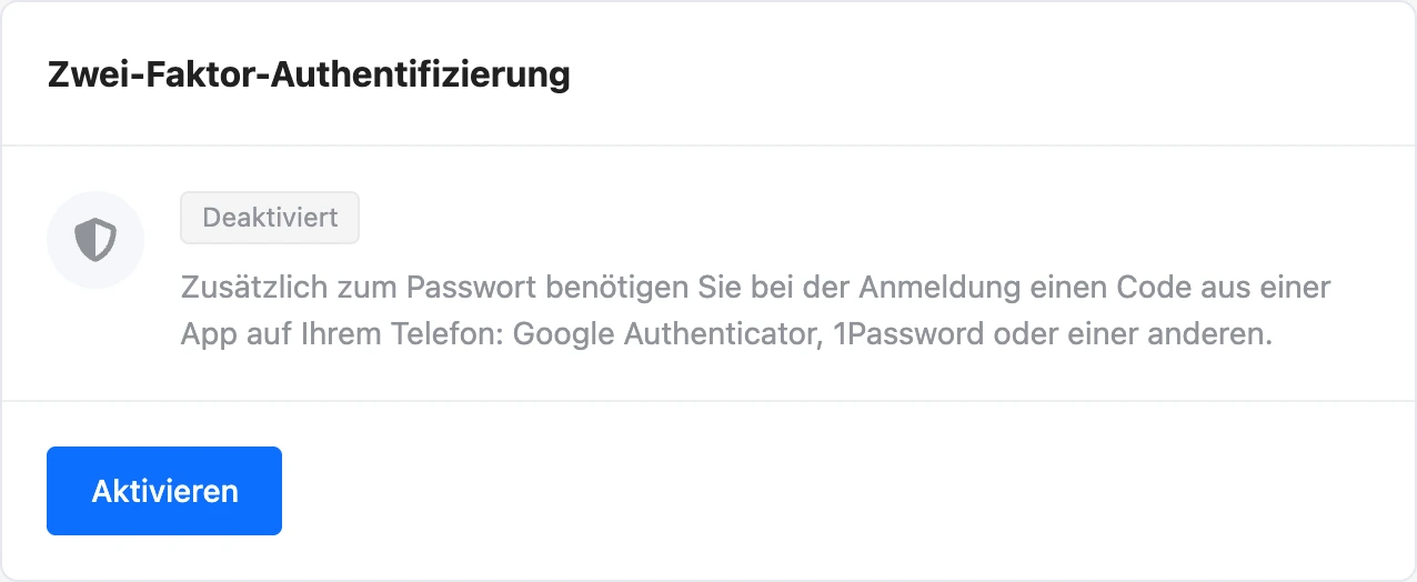 Karte der Zwei-Faktor-Authentifizierung im Profil