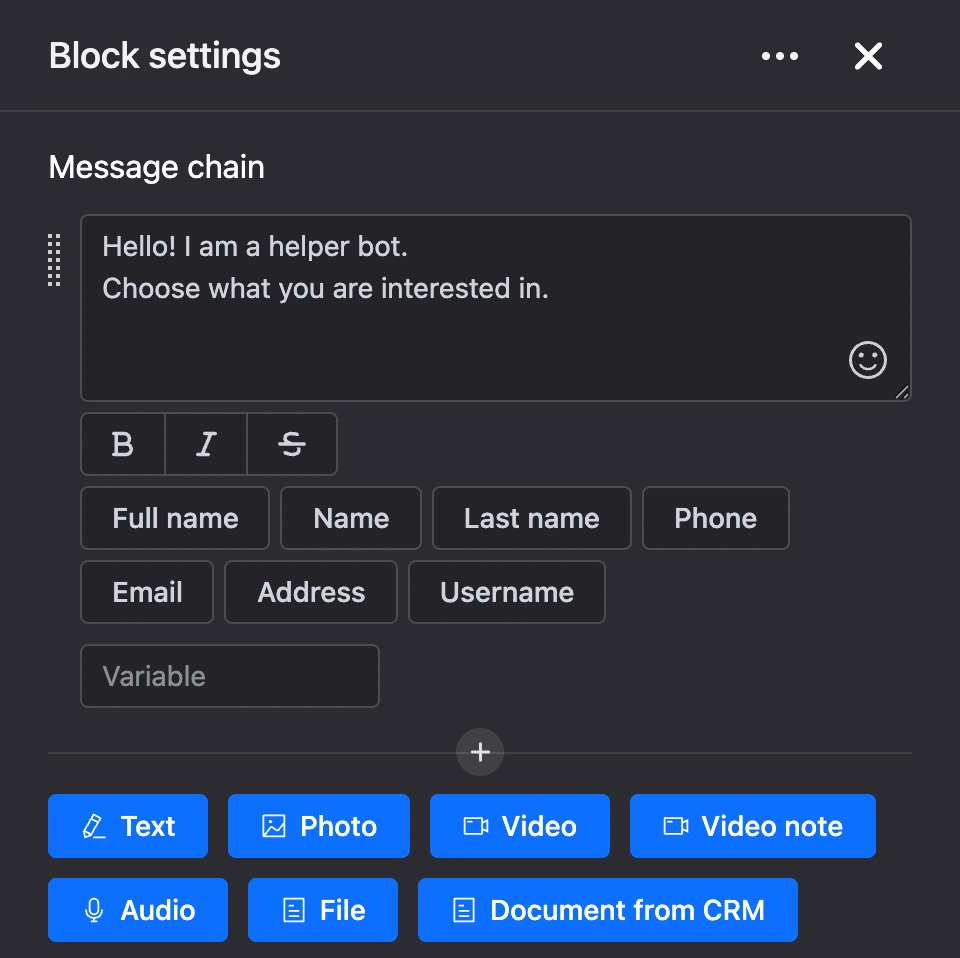 Block settings: the field with the greeting text