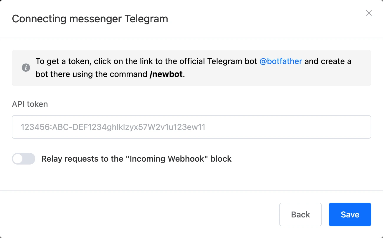 Telegram connection window with the token field