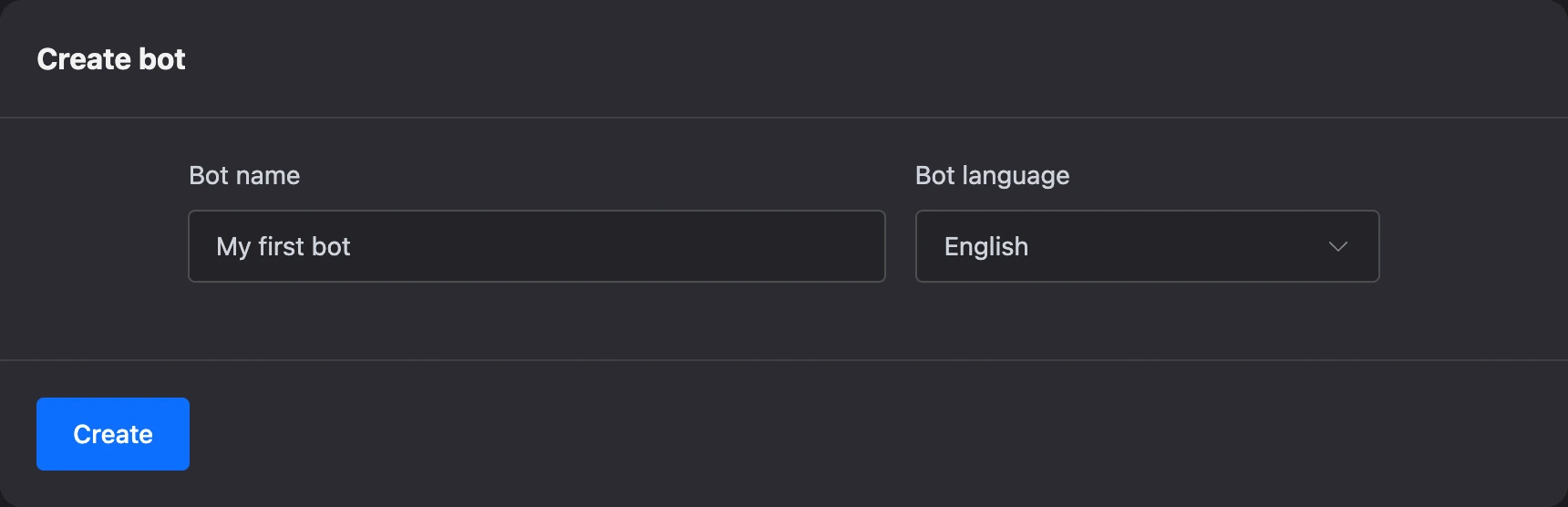 Bot creation form: name and language