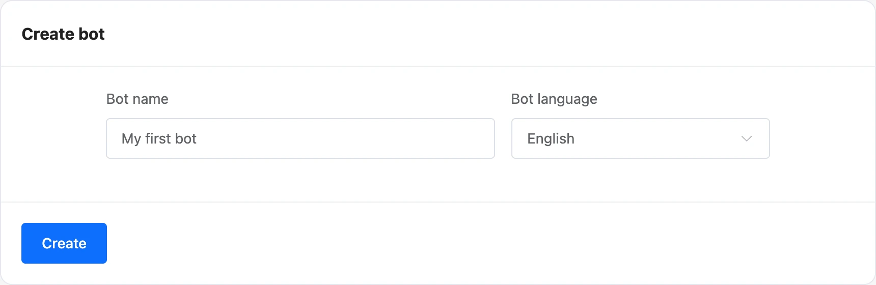 Bot creation form: name and language