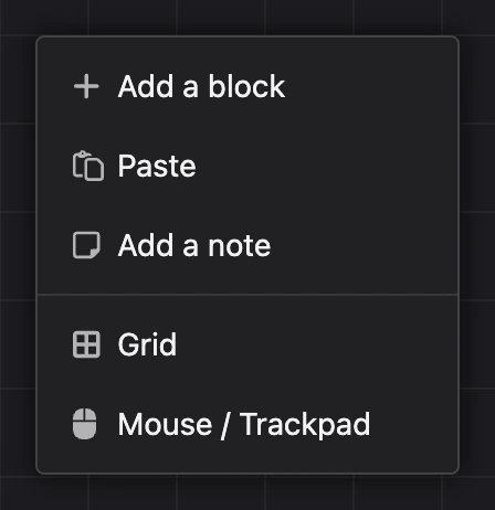 The scheme's context menu: "Add block", "Paste", "Add note", "Grid", "Mouse / Trackpad"