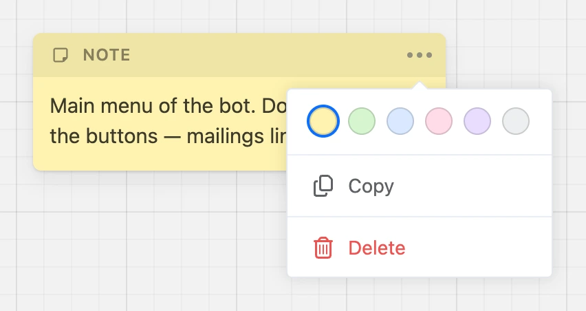 A note with the "⋯" menu open: colors, "Copy" and "Delete"