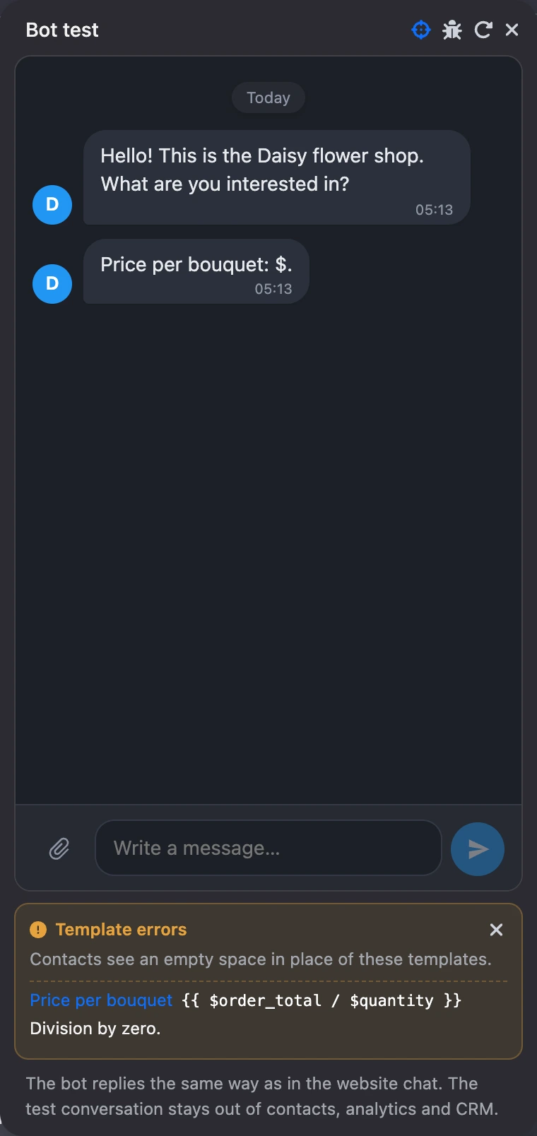 The test window with the "Template errors" panel: block, template and the reason of the error