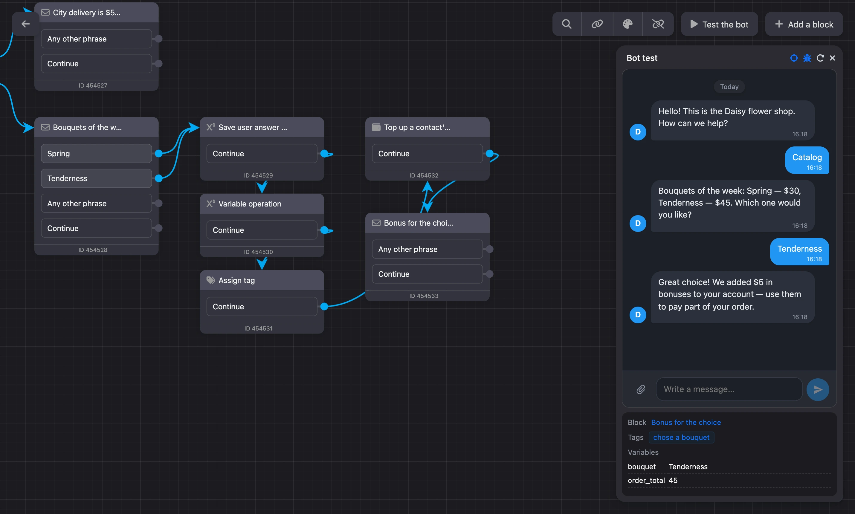 The "Bot test" window next to the scheme: the chat with the bot, the current block is highlighted on the scheme