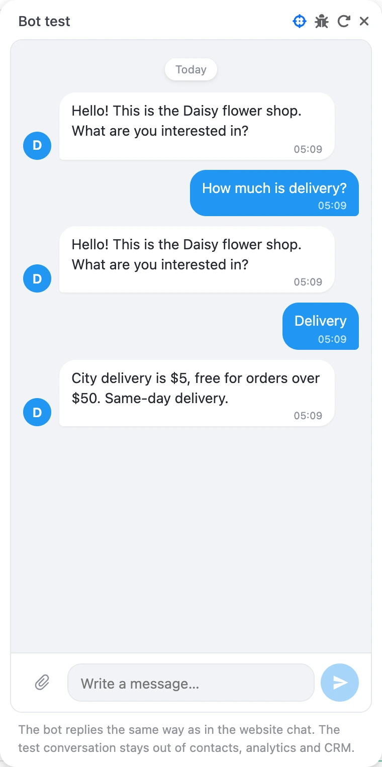 The "Test bot" window: the bot repeated its question after "How much is delivery?" and answered about delivery after "2"