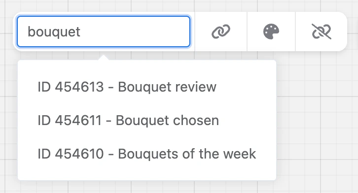 Block search: the query "bouquet" and the list of matching blocks with IDs