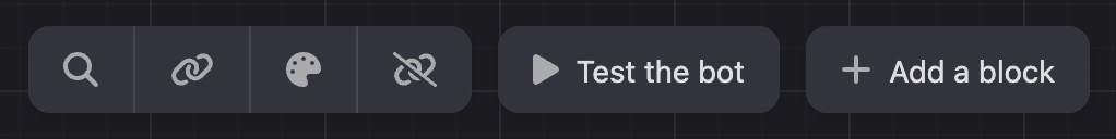Top toolbar of the builder: search, messengers, appearance, bot test and adding a block