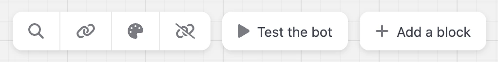 Top toolbar of the builder: search, messengers, appearance, bot test and adding a block