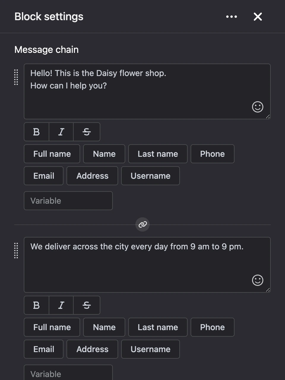 Settings panel of the "Message chain" block