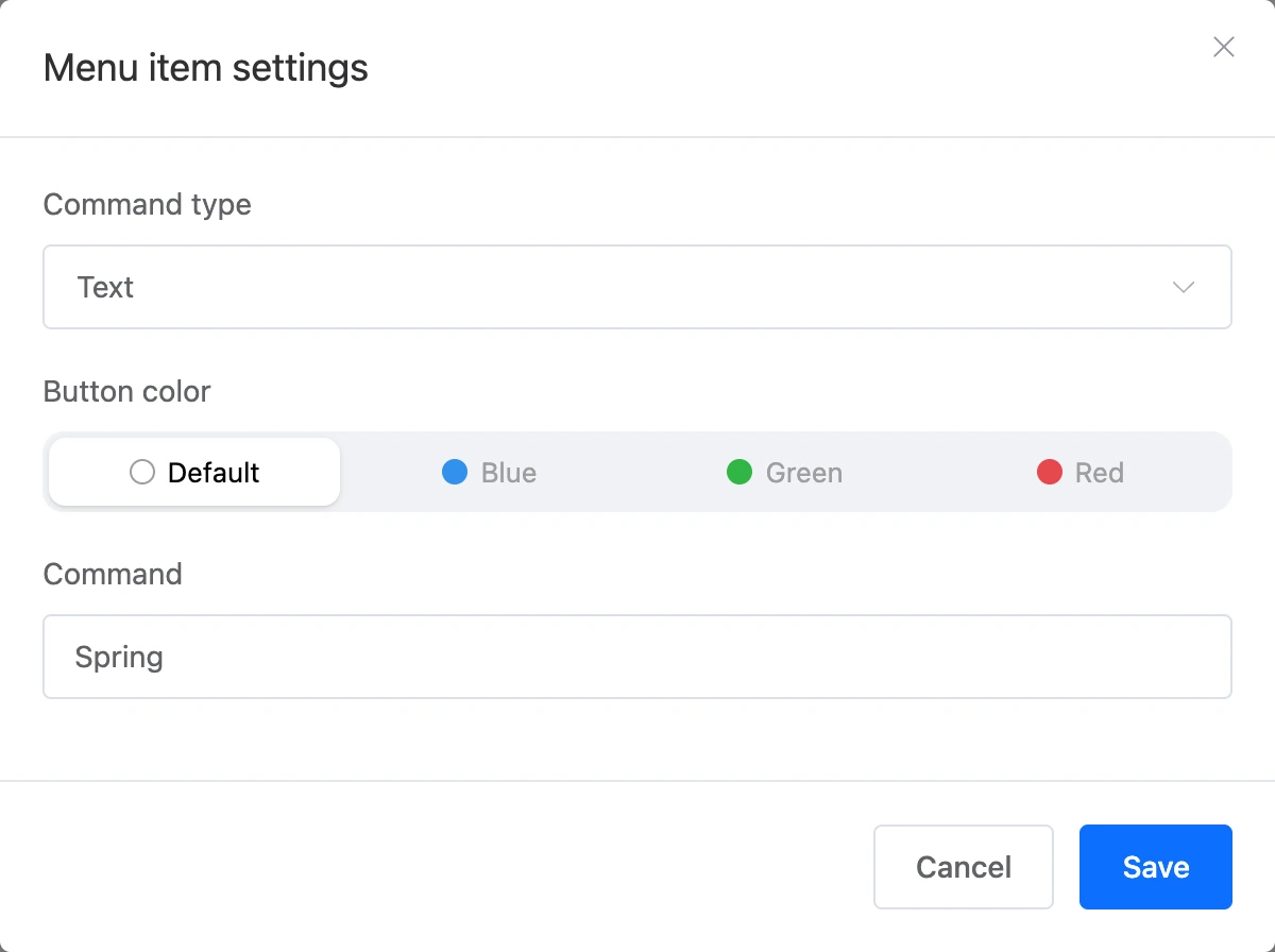The "Menu item settings" window: command type, button colour and command