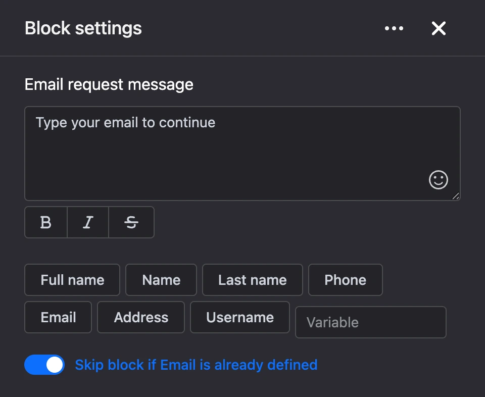 Settings panel of the "Email request" block