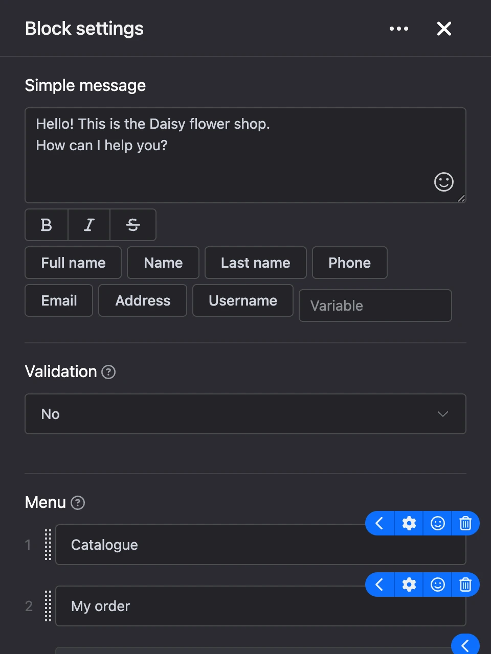 Settings panel of the "Simple message" block