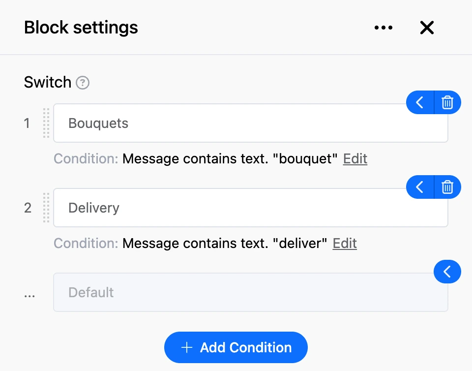 Settings panel of the "Switch" block