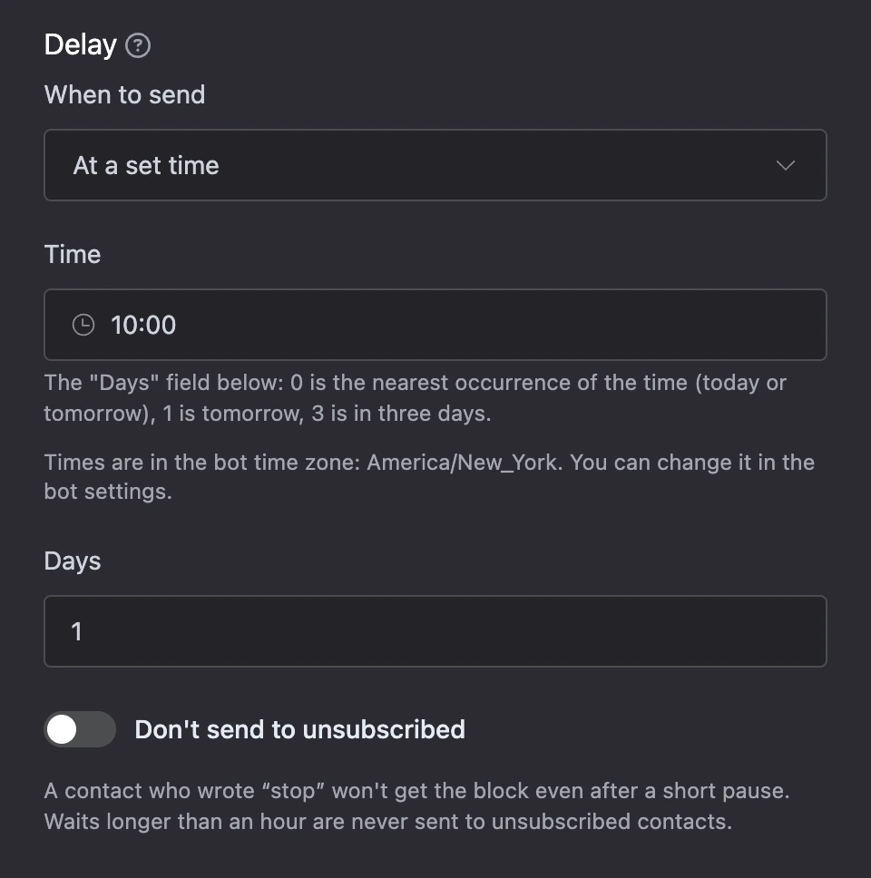 The "At a set time" mode: time 10:00, days — 1, a hint about the bot time zone
