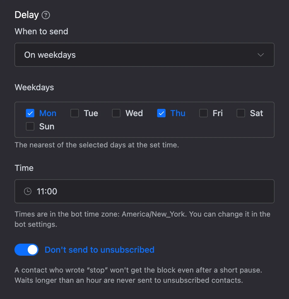 The "On weekdays" mode: Monday and Thursday checked, time 11:00, "Do not send to unsubscribed" on