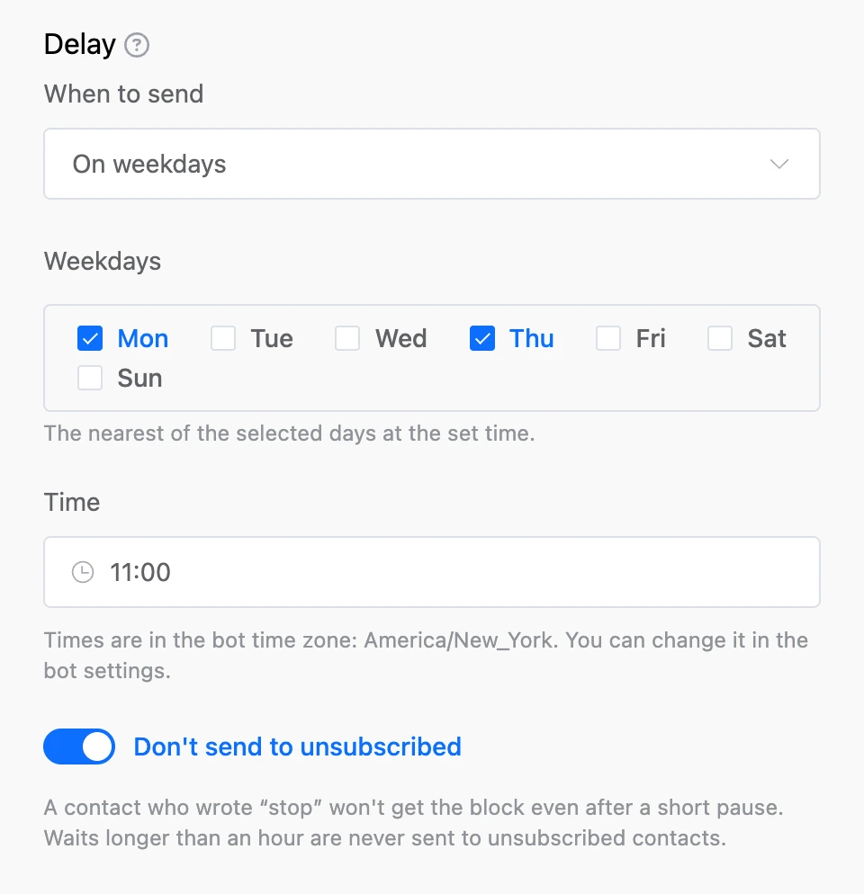 The "On weekdays" mode: Monday and Thursday checked, time 11:00, "Do not send to unsubscribed" on