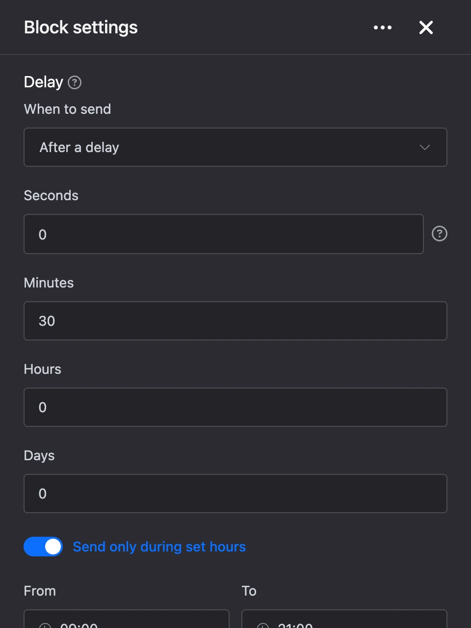 Settings panel of the "Delay" block