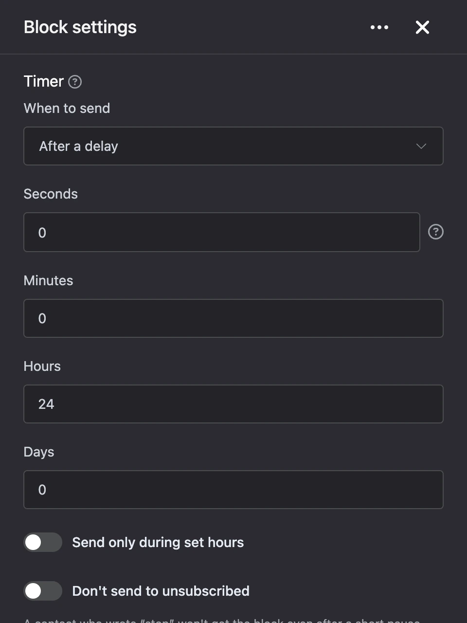 Settings panel of the "Timer" block