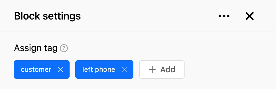 Settings panel of the "Assign tag" block