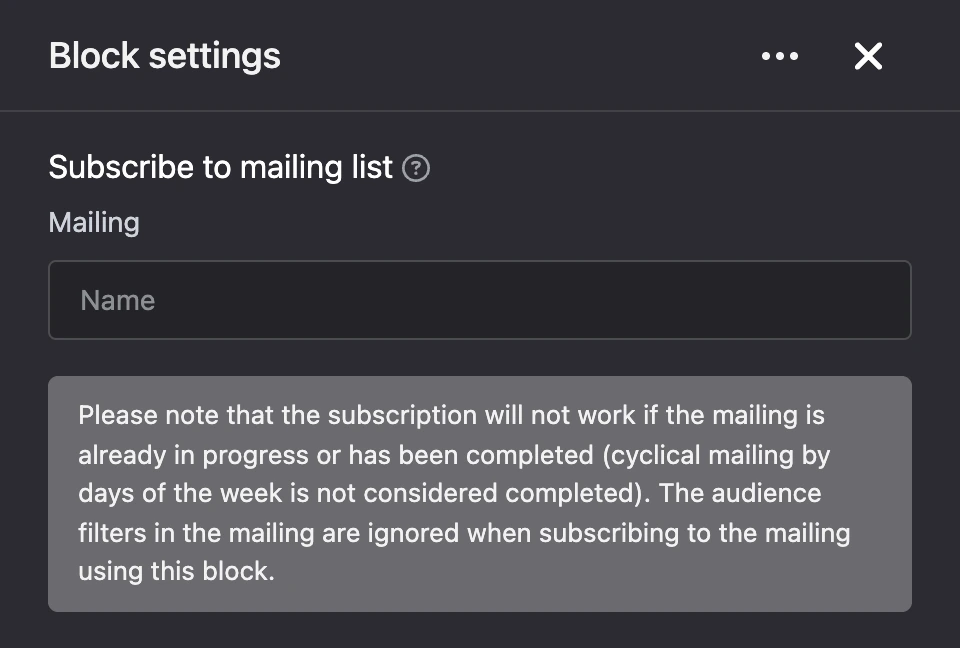 Settings panel of the "Subscribe to mailing list" block